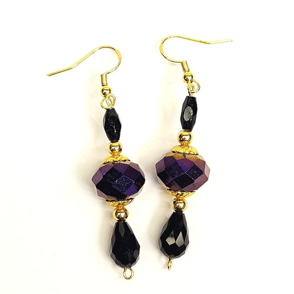 Handmade Purple and Black Faceted Glass Beaded Earrings - Picture 2 of 6